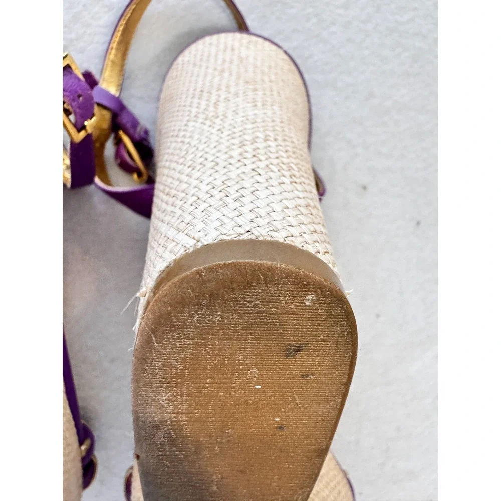 Kate Spade Alice Purple Gold Leather Wedge Espadrille Platform Sandals 8.5 Women